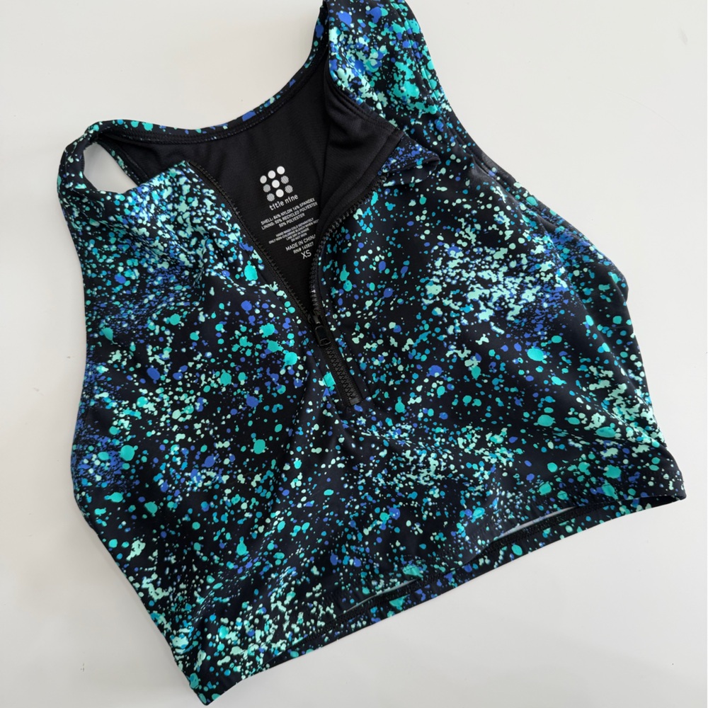 Title Nine Swim Top XS Black‎ Blue Green Splatter Print Front Zip Racerback